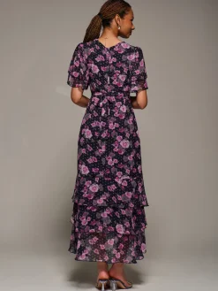Jolie Moi Occasion Dresses|Floral Dresses-Ruffle Detail Chiffon Midaxi Dress, Navy Floral