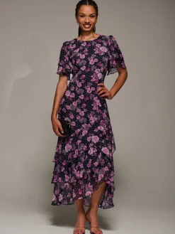 Jolie Moi Occasion Dresses|Floral Dresses-Ruffle Detail Chiffon Midaxi Dress, Navy Floral