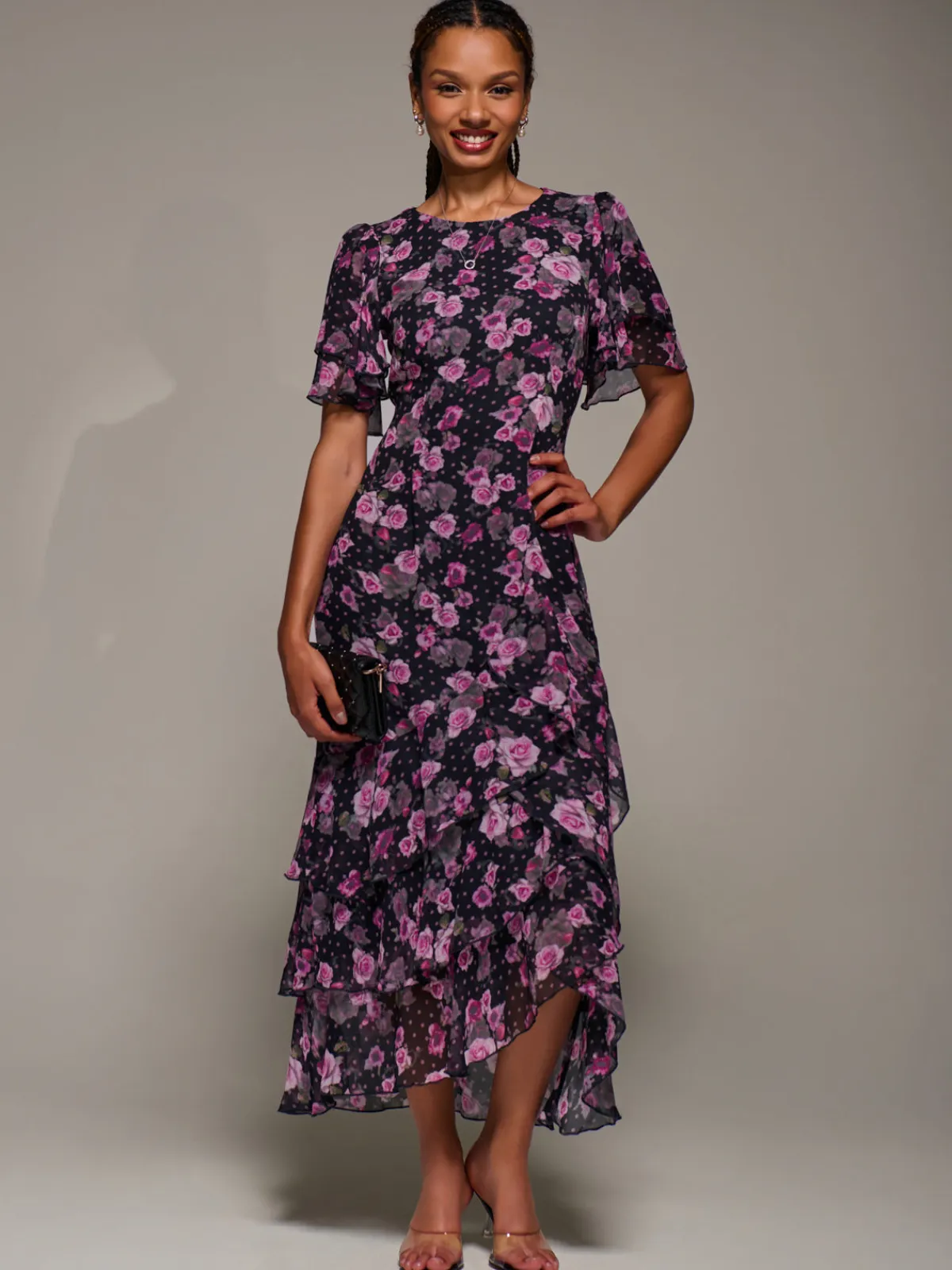 Jolie Moi Occasion Dresses|Floral Dresses-Ruffle Detail Chiffon Midaxi Dress, Navy Floral