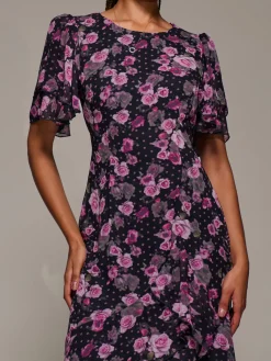 Jolie Moi Occasion Dresses|Floral Dresses-Ruffle Detail Chiffon Midaxi Dress, Navy Floral