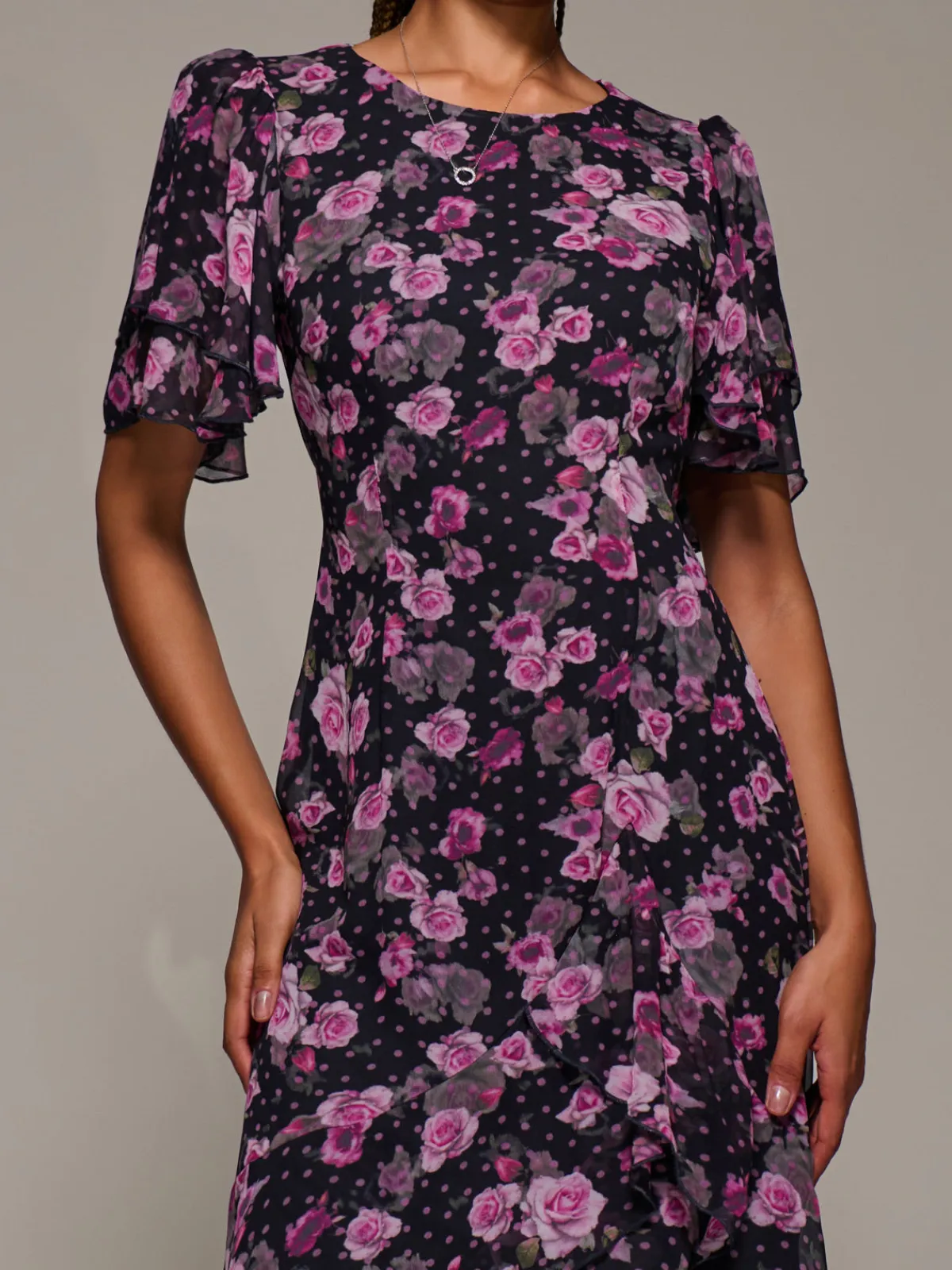 Jolie Moi Occasion Dresses|Floral Dresses-Ruffle Detail Chiffon Midaxi Dress, Navy Floral