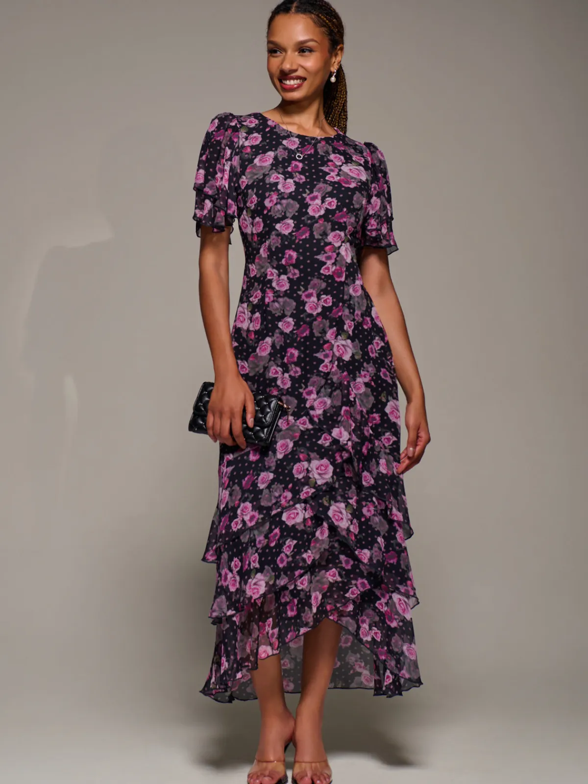 Jolie Moi Occasion Dresses|Floral Dresses-Ruffle Detail Chiffon Midaxi Dress, Navy Floral