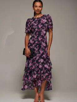 Jolie Moi Occasion Dresses|Floral Dresses-Ruffle Detail Chiffon Midaxi Dress, Navy Floral