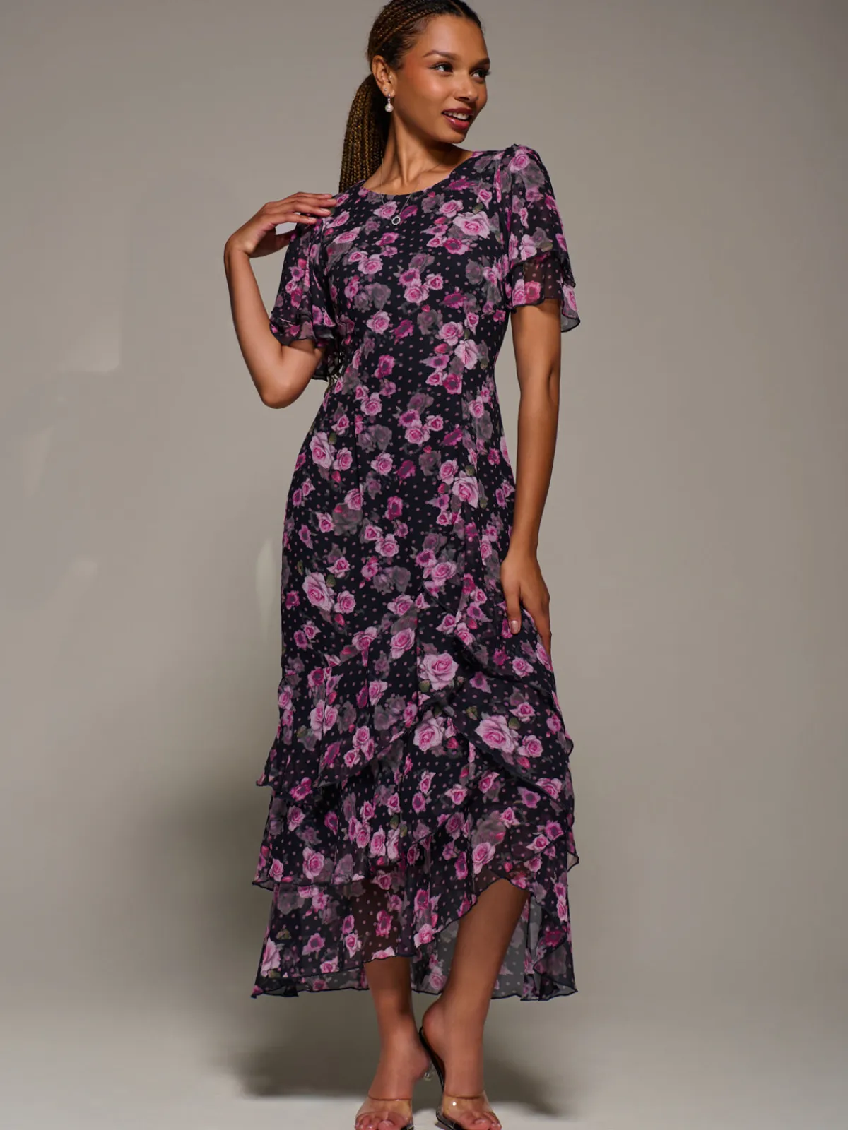 Jolie Moi Occasion Dresses|Floral Dresses-Ruffle Detail Chiffon Midaxi Dress, Navy Floral