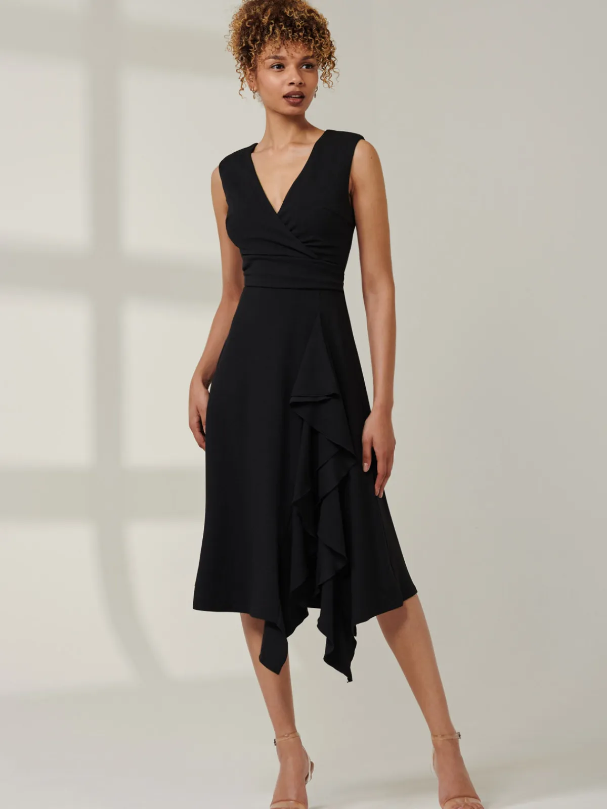 Jolie Moi Occasion Dresses|Midi Dresses-Ruffle Detail Midi Dress, Black