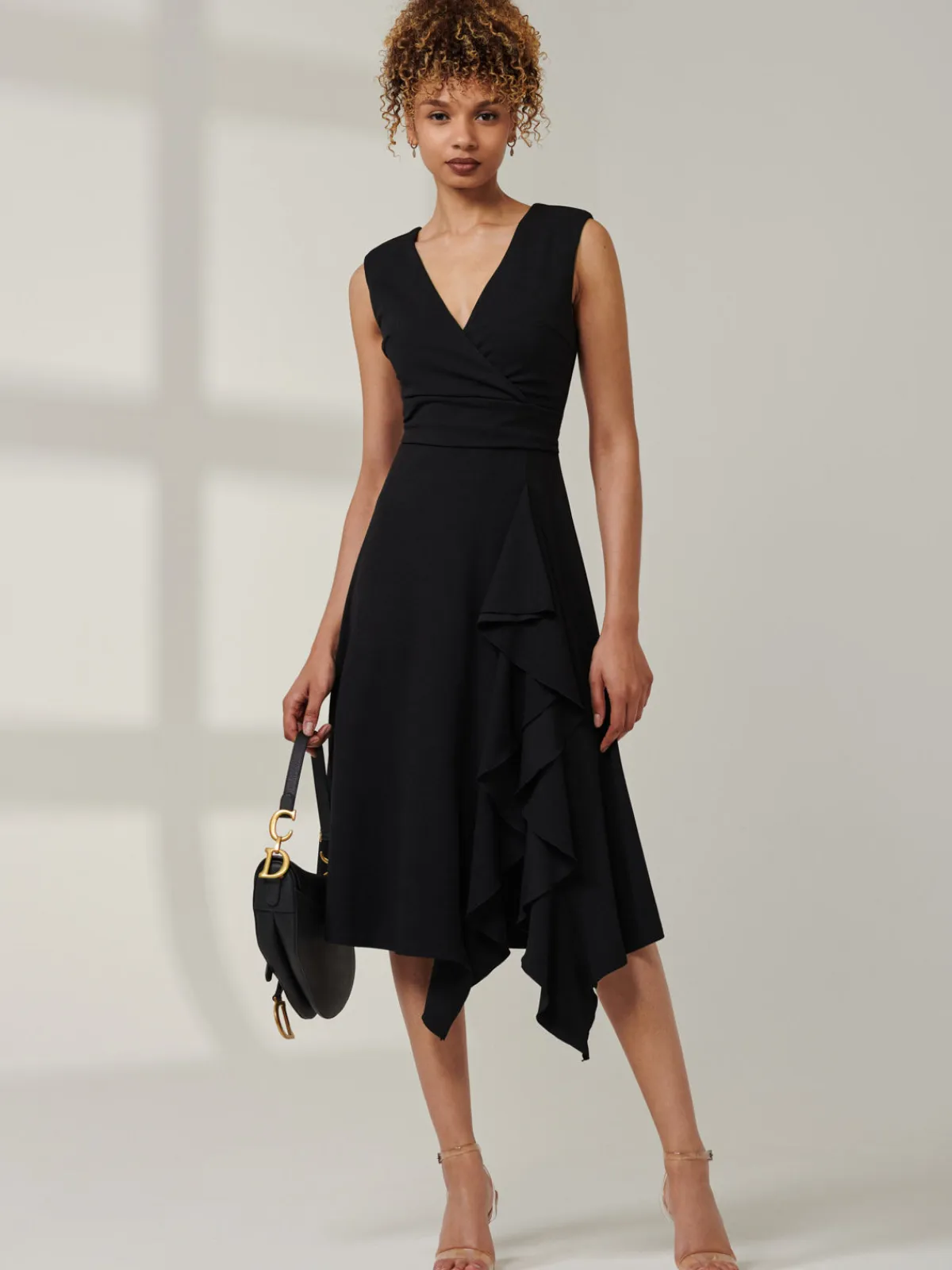 Jolie Moi Occasion Dresses|Midi Dresses-Ruffle Detail Midi Dress, Black