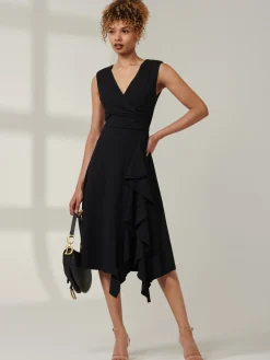 Jolie Moi Occasion Dresses|Midi Dresses-Ruffle Detail Midi Dress, Black
