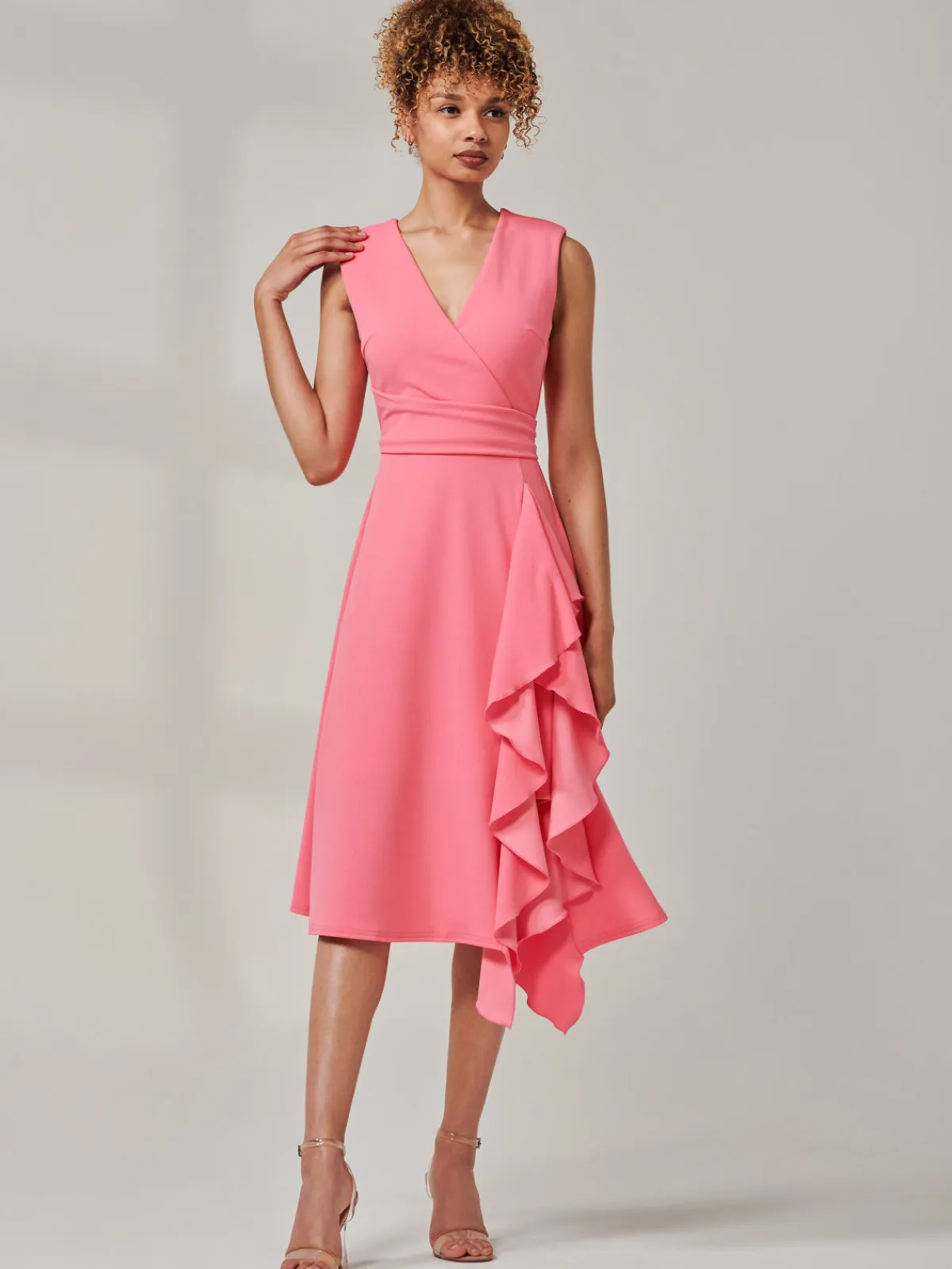 Jolie Moi Occasion Dresses|Sleeveless Dresses- Ruffle Detail Midi Dress Pink