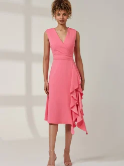 Jolie Moi Occasion Dresses|Sleeveless Dresses- Ruffle Detail Midi Dress Pink