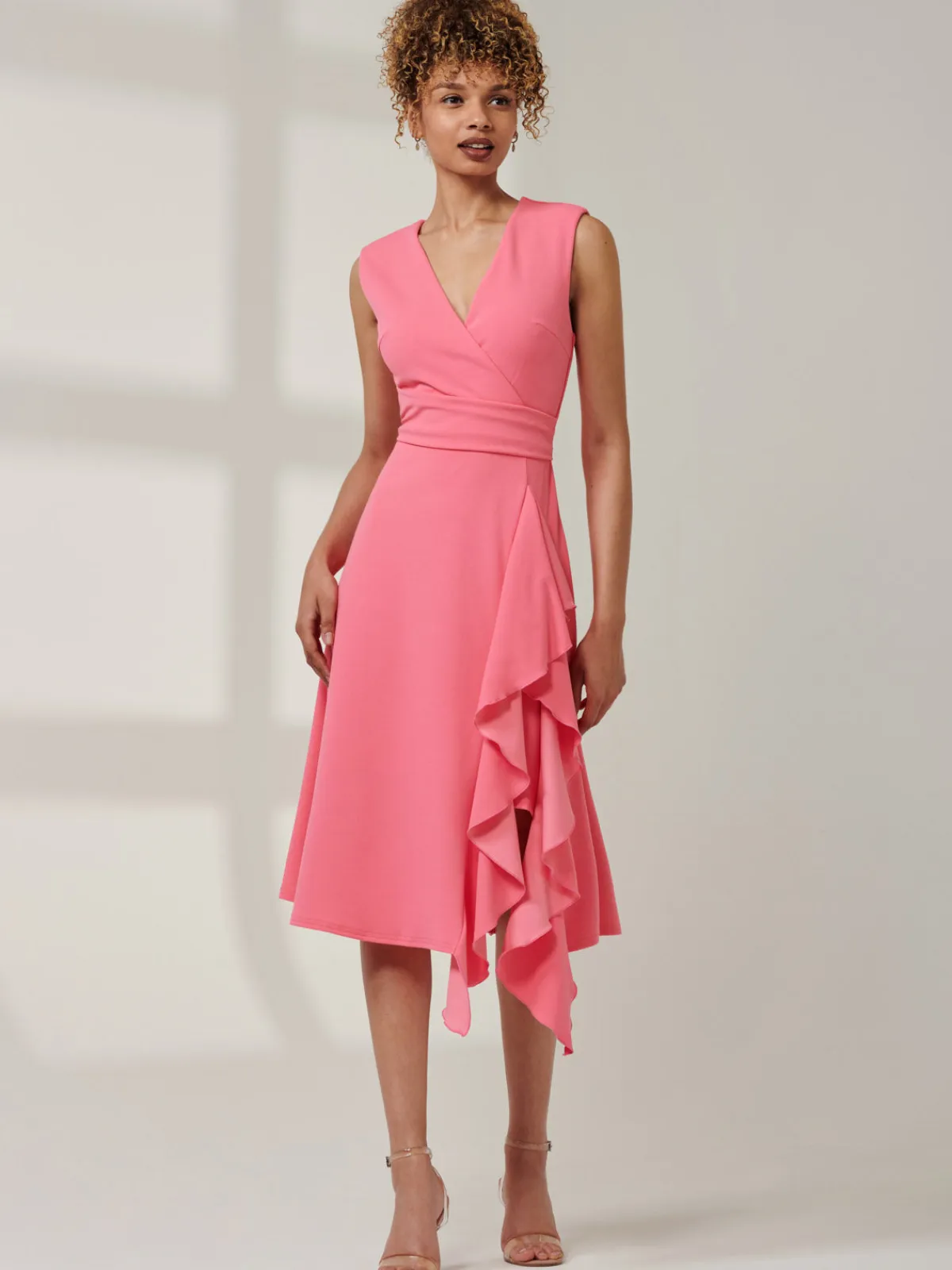 Jolie Moi Occasion Dresses|Sleeveless Dresses- Ruffle Detail Midi Dress Pink