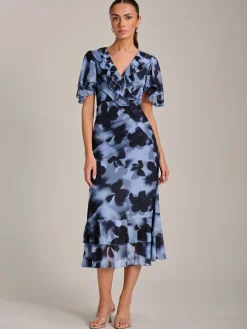 Jolie Moi Occasion Dresses|Mesh Dresses-Ruffle Detail Ruched Mesh Midaxi Dress, Blue Abstract