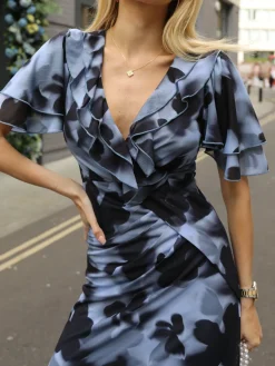 Jolie Moi Occasion Dresses|Mesh Dresses-Ruffle Detail Ruched Mesh Midaxi Dress, Blue Abstract