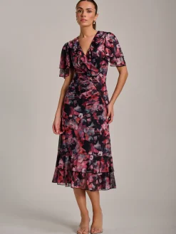 Jolie Moi Occasion Dresses|Mesh Dresses-Ruffle Detail Ruched Mesh Midaxi Dress, Coral Multi