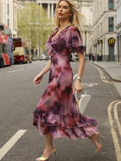Jolie Moi Occasion Dresses|Mesh Dresses-Ruffle Detail Ruched Mesh Midaxi Dress, Pink Abstract