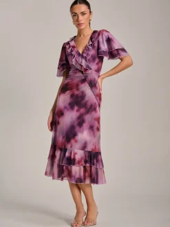 Jolie Moi Occasion Dresses|Mesh Dresses-Ruffle Detail Ruched Mesh Midaxi Dress, Pink Abstract