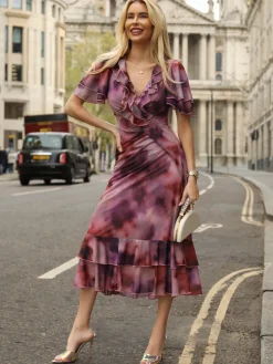 Jolie Moi Occasion Dresses|Mesh Dresses-Ruffle Detail Ruched Mesh Midaxi Dress, Pink Abstract