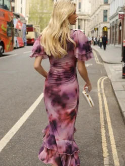 Jolie Moi Occasion Dresses|Mesh Dresses-Ruffle Detail Ruched Mesh Midaxi Dress, Pink Abstract