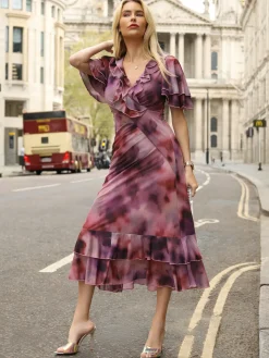 Jolie Moi Occasion Dresses|Mesh Dresses-Ruffle Detail Ruched Mesh Midaxi Dress, Pink Abstract