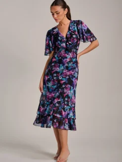 Jolie Moi Occasion Dresses|Mesh Dresses-Ruffle Detail Ruched Mesh Midaxi Dress, Purple Multi