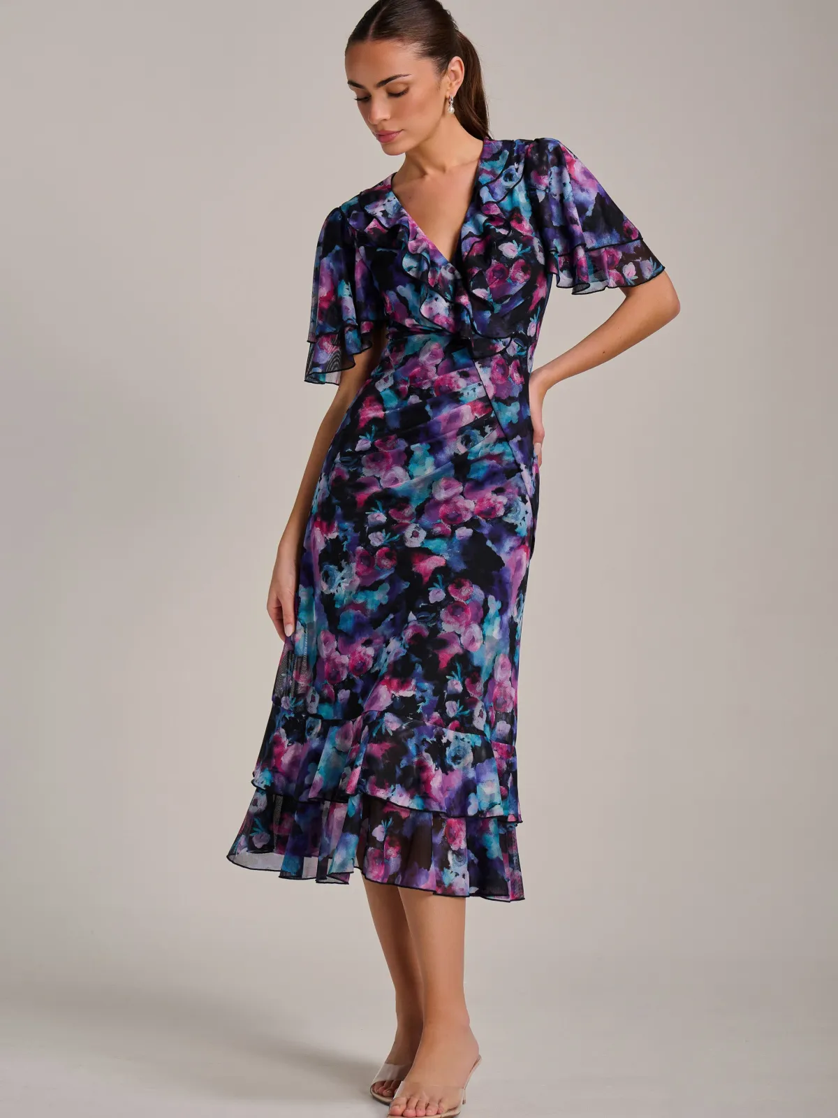 Jolie Moi Occasion Dresses|Mesh Dresses-Ruffle Detail Ruched Mesh Midaxi Dress, Purple Multi
