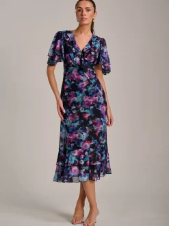 Jolie Moi Occasion Dresses|Mesh Dresses-Ruffle Detail Ruched Mesh Midaxi Dress, Purple Multi