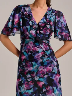 Jolie Moi Occasion Dresses|Mesh Dresses-Ruffle Detail Ruched Mesh Midaxi Dress, Purple Multi