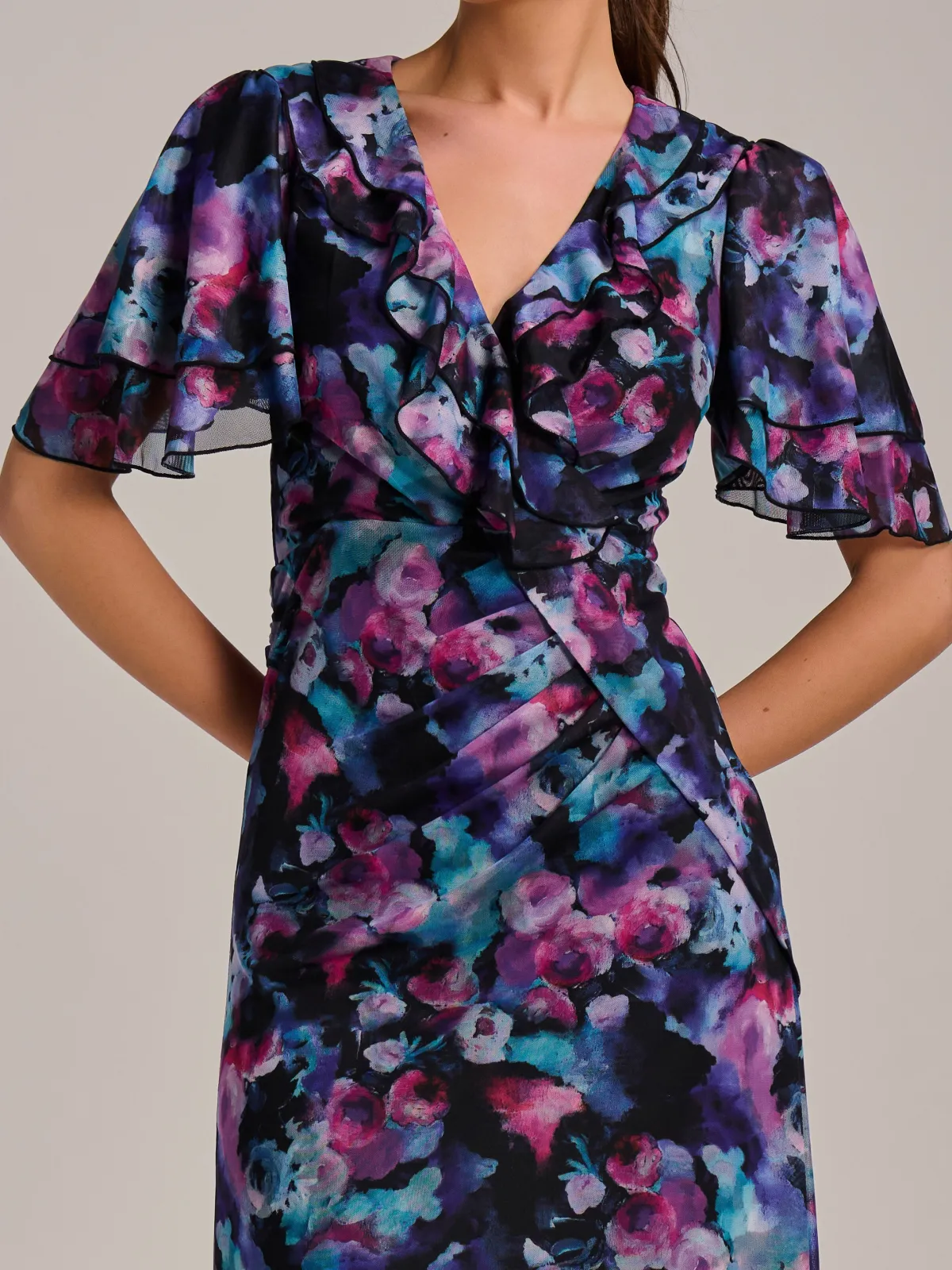 Jolie Moi Occasion Dresses|Mesh Dresses-Ruffle Detail Ruched Mesh Midaxi Dress, Purple Multi