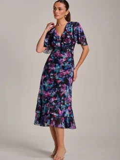 Jolie Moi Occasion Dresses|Mesh Dresses-Ruffle Detail Ruched Mesh Midaxi Dress, Purple Multi