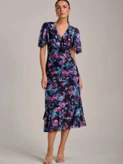 Jolie Moi Occasion Dresses|Mesh Dresses-Ruffle Detail Ruched Mesh Midaxi Dress, Purple Multi