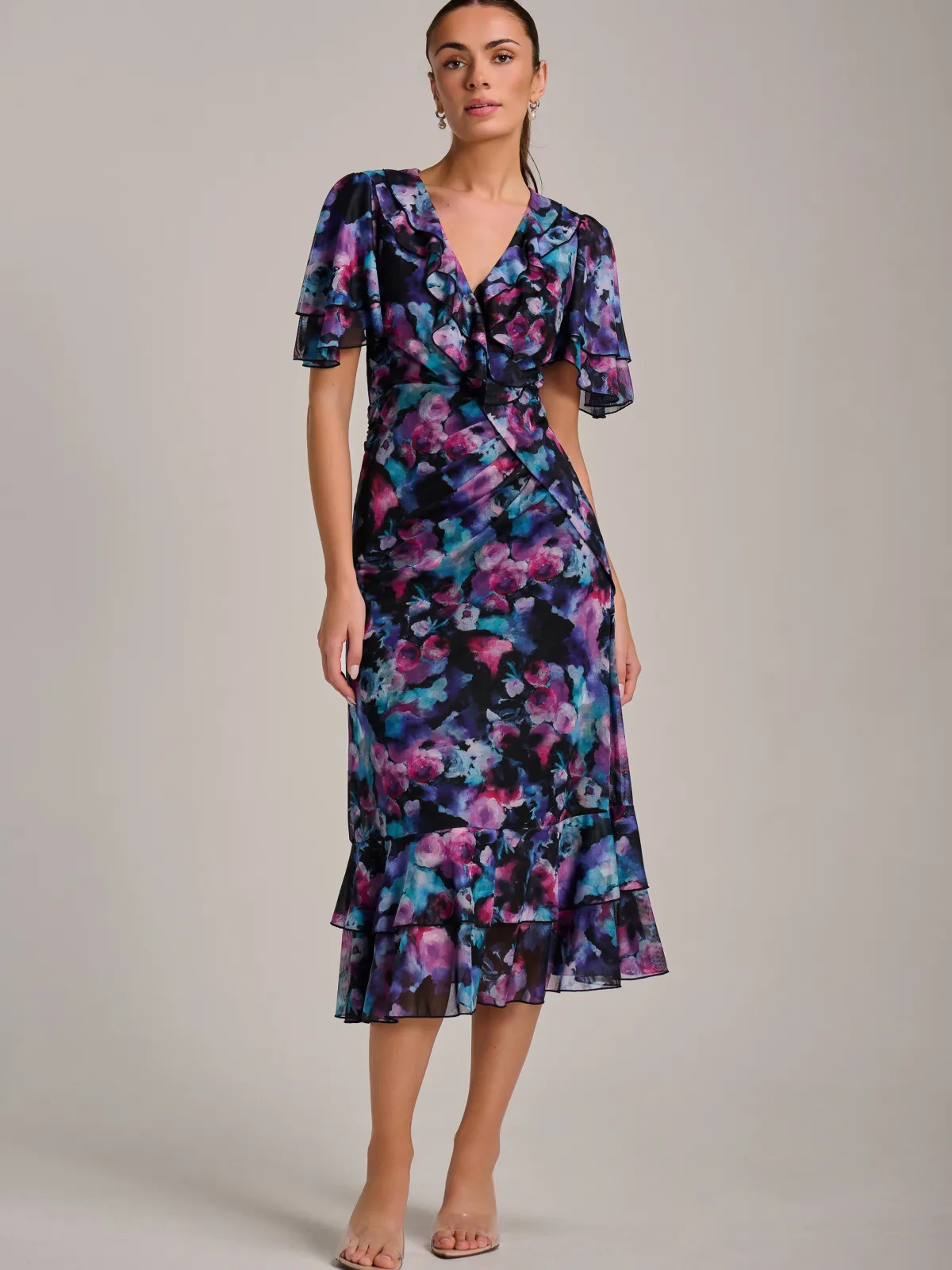 Jolie Moi Occasion Dresses|Mesh Dresses-Ruffle Detail Ruched Mesh Midaxi Dress, Purple Multi