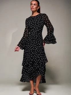 Jolie Moi Occasion Dresses|Maxi Dresses-Ruffled Long Sleeve Tiered Chiffon Midaxi, Black Spot