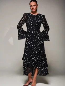 Jolie Moi Occasion Dresses|Maxi Dresses-Ruffled Long Sleeve Tiered Chiffon Midaxi, Black Spot