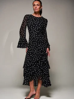 Jolie Moi Occasion Dresses|Maxi Dresses-Ruffled Long Sleeve Tiered Chiffon Midaxi, Black Spot