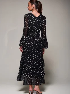 Jolie Moi Occasion Dresses|Maxi Dresses-Ruffled Long Sleeve Tiered Chiffon Midaxi, Black Spot