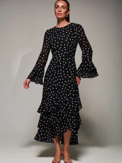 Jolie Moi Occasion Dresses|Maxi Dresses-Ruffled Long Sleeve Tiered Chiffon Midaxi, Black Spot