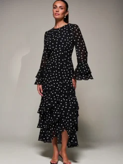 Jolie Moi Occasion Dresses|Maxi Dresses-Ruffled Long Sleeve Tiered Chiffon Midaxi, Black Spot