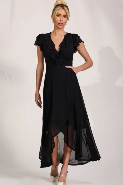 Jolie Moi Occasion Dresses|Mesh Dresses-Ruffled Mesh Maxi Dress, Black