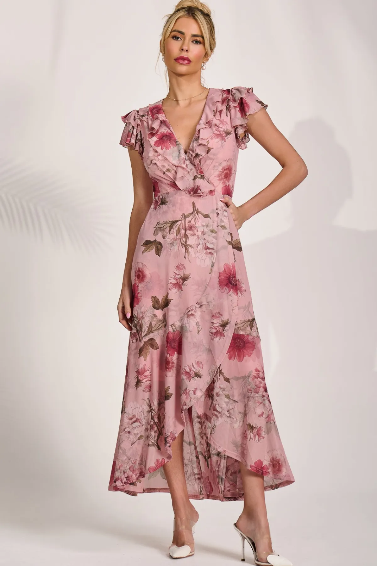 Jolie Moi Occasion Dresses|Floral Dresses-Ruffled Mesh Maxi Dress, Pink Floral