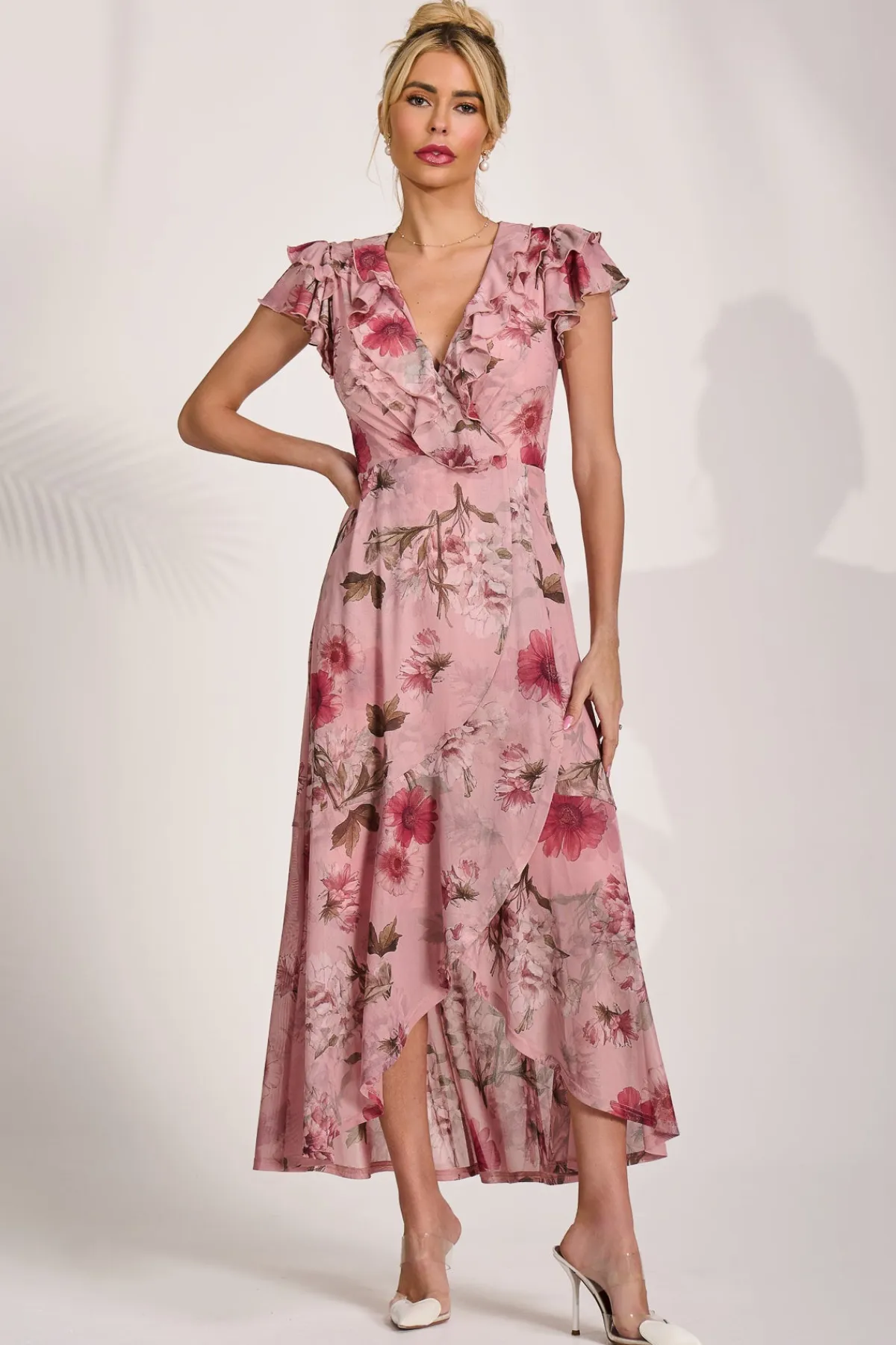 Jolie Moi Occasion Dresses|Floral Dresses-Ruffled Mesh Maxi Dress, Pink Floral