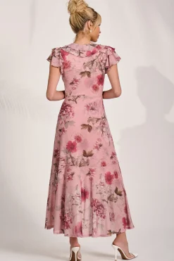 Jolie Moi Occasion Dresses|Floral Dresses-Ruffled Mesh Maxi Dress, Pink Floral