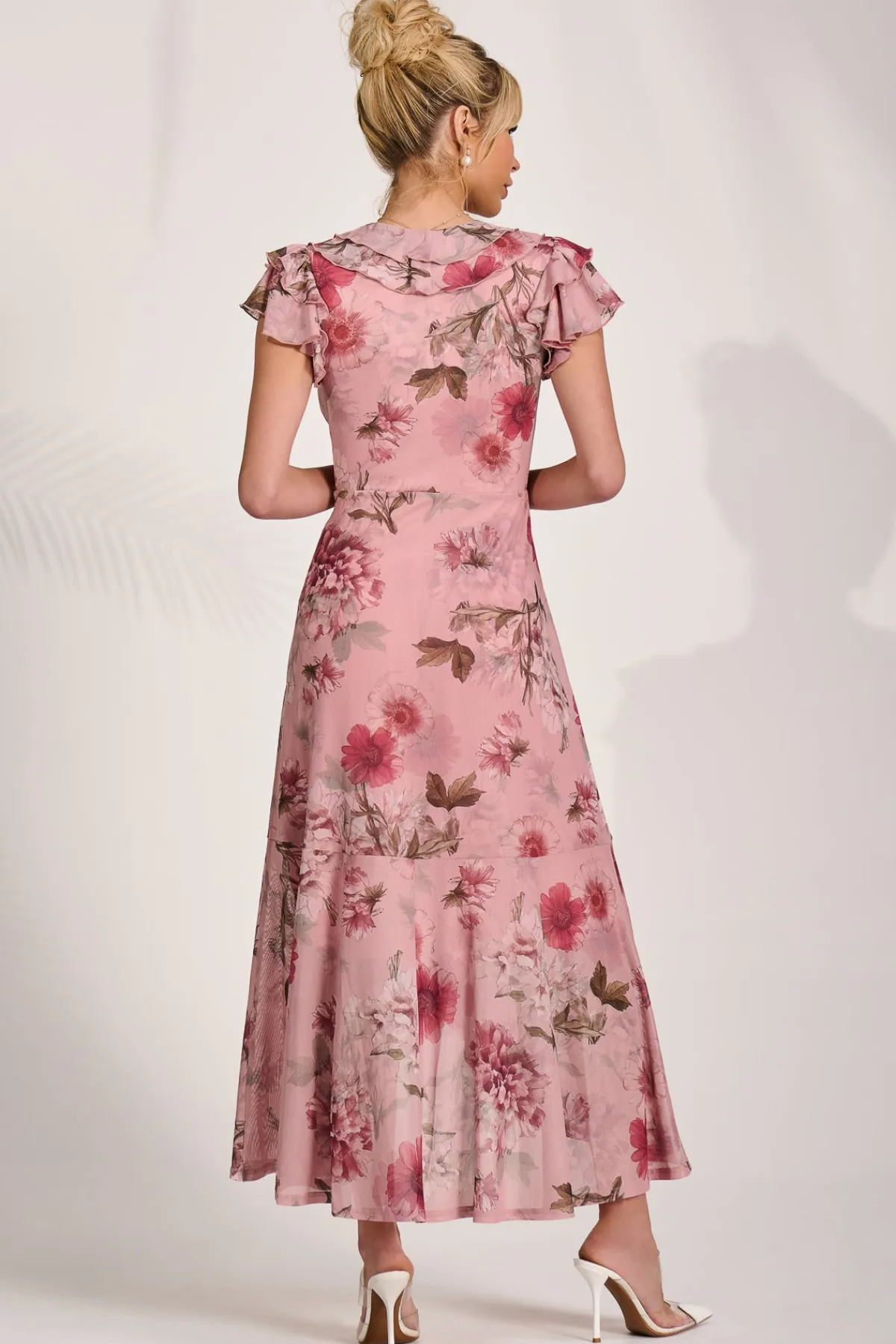Jolie Moi Occasion Dresses|Floral Dresses-Ruffled Mesh Maxi Dress, Pink Floral