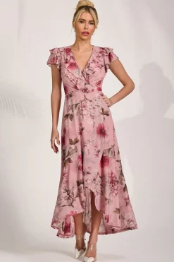 Jolie Moi Occasion Dresses|Floral Dresses-Ruffled Mesh Maxi Dress, Pink Floral