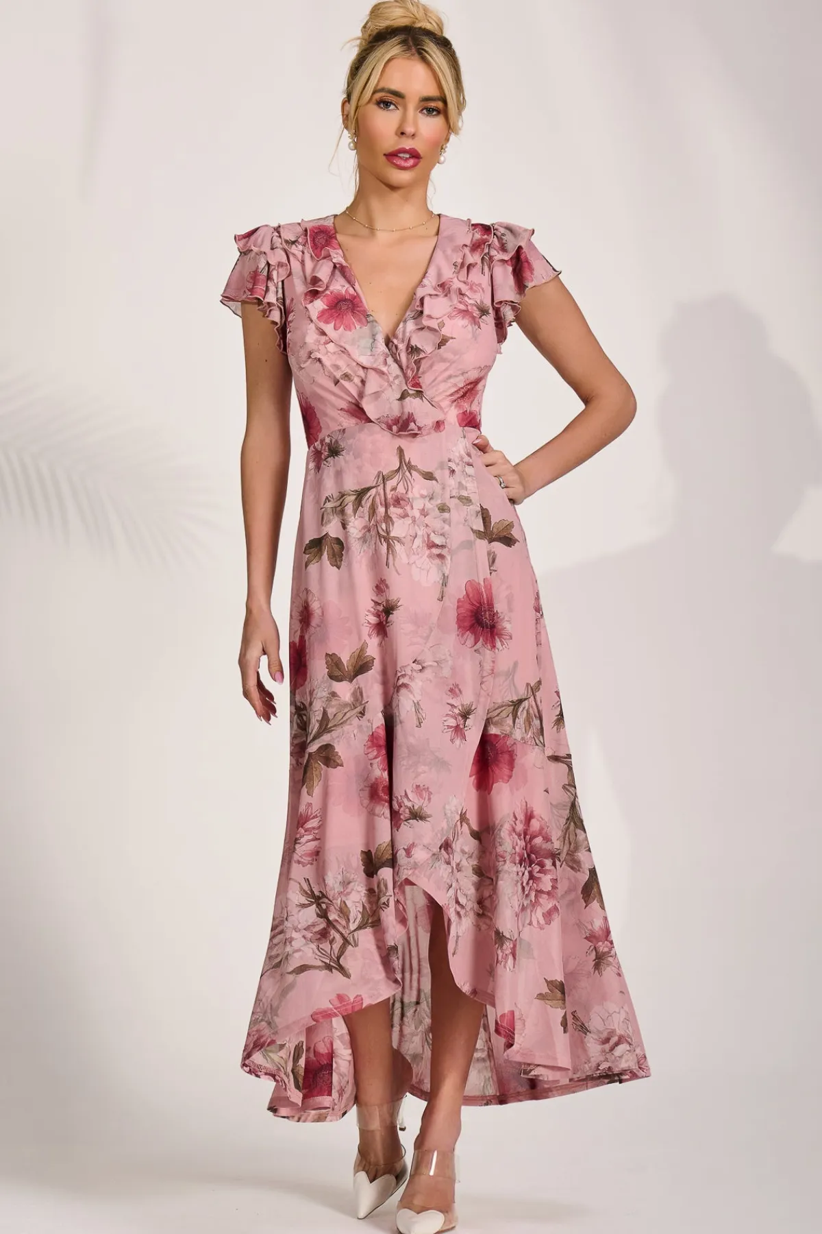 Jolie Moi Occasion Dresses|Floral Dresses-Ruffled Mesh Maxi Dress, Pink Floral