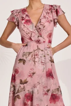 Jolie Moi Occasion Dresses|Floral Dresses-Ruffled Mesh Maxi Dress, Pink Floral