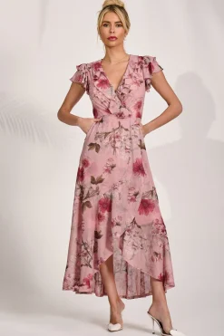Jolie Moi Occasion Dresses|Floral Dresses-Ruffled Mesh Maxi Dress, Pink Floral