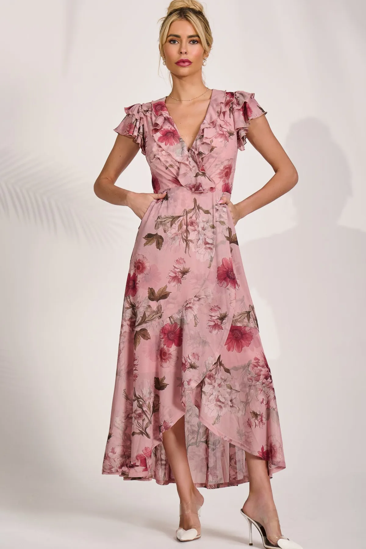 Jolie Moi Occasion Dresses|Floral Dresses-Ruffled Mesh Maxi Dress, Pink Floral