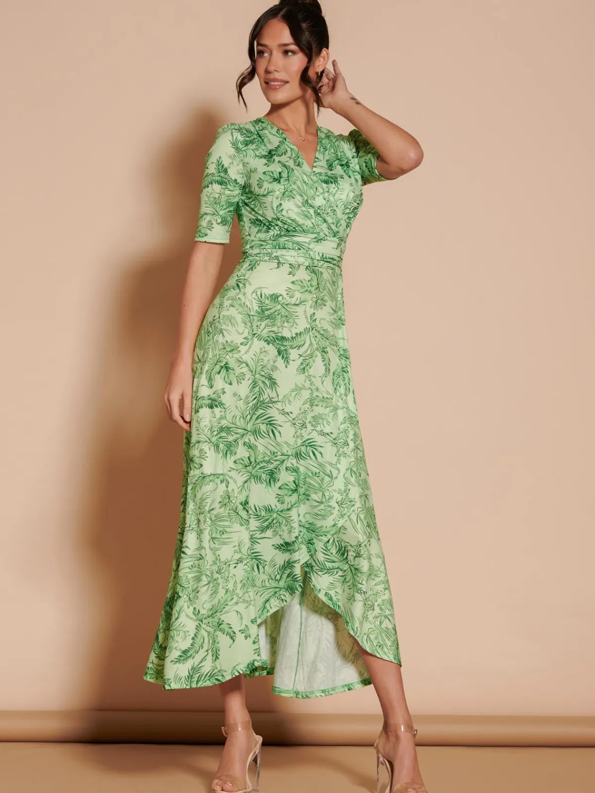 Jolie Moi Occasion Dresses|Floral Dresses-Ruffle Hem Jersey Maxi Dress, Green Leafy
