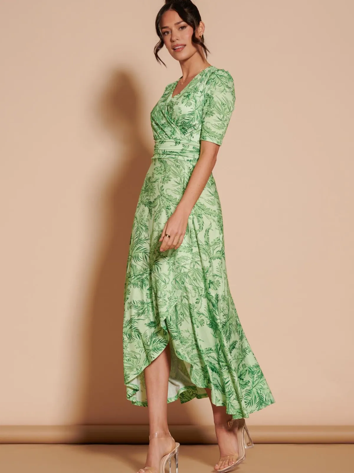 Jolie Moi Occasion Dresses|Floral Dresses-Ruffle Hem Jersey Maxi Dress, Green Leafy