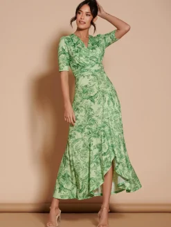 Jolie Moi Occasion Dresses|Floral Dresses-Ruffle Hem Jersey Maxi Dress, Green Leafy
