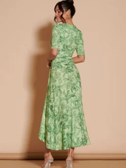 Jolie Moi Occasion Dresses|Floral Dresses-Ruffle Hem Jersey Maxi Dress, Green Leafy